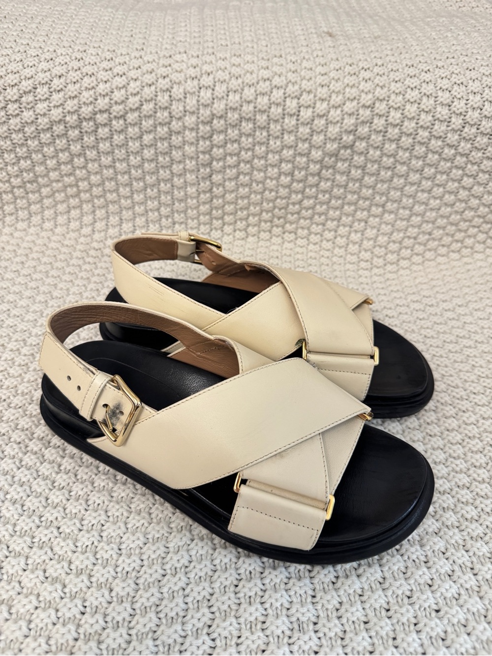 Marni Cream Leather Crisscross Slingback Sandals with Black Footbed - Picture 2 of 7